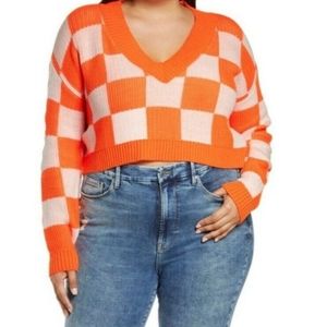 Bp. Neon Orange Checker V-Neck Casual Crop Sweater Size L or M NWT